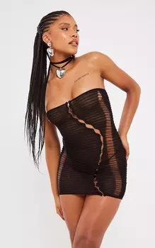 PrettyLittleThing Черное прозрачное трикотажное платье с фактурной отделкой на крючках и глазках