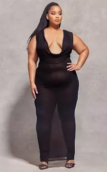 PrettyLittleThing Черное прозрачное вязаное платье макси с капюшоном и капюшоном