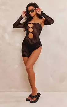 PrettyLittleThing Черное рваное прозрачное трикотажное платье с разрезами по бокам и рукавами
