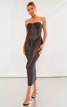 PrettyLittleThing Черное сетчатое платье-бандо мидакси с застежкой на крючки и проушины