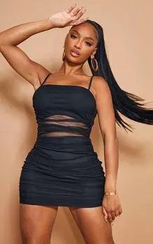 PrettyLittleThing Черное сетчатое платье с вырезами и рюшами на бретельках