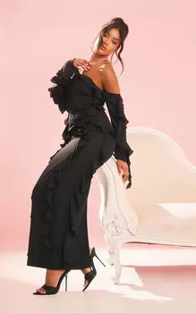 PrettyLittleThing Черное шифоновое корсетное платье макси с длинными рукавами и оборками