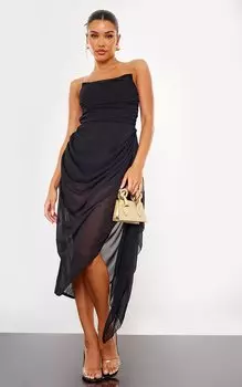 PrettyLittleThing Черное шифоновое платье мидакси со сборками и драпировкой-бандо