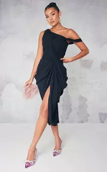 PrettyLittleThing Черное шифоновое платье-миди с асимметричными бретелями и драпировкой