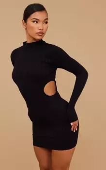 PrettyLittleThing Черное структурированное облегающее платье в рубчик с высоким воротником и вырезом