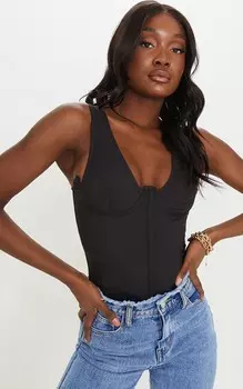 PrettyLittleThing Черное тканое боди с корсетом Tall