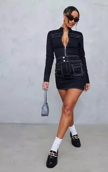 PrettyLittleThing Черное тканое облегающее платье с контрастной строчкой