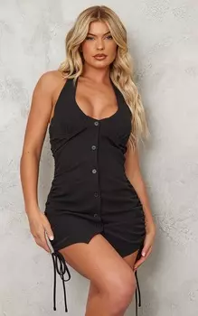 PrettyLittleThing Черное тканое облегающее платье со сборками и бретельками по бокам на косточках