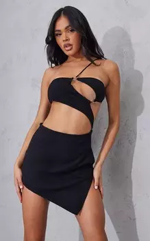PrettyLittleThing Черное трикотажное мини-платье с асимметричным вырезом и экстремальным вырезом