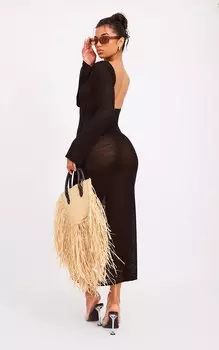 PrettyLittleThing Черное трикотажное платье макси с овальной спинкой и филигранной фактурой