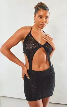 PrettyLittleThing Черное вязаное мини-платье крючком с экстремальным вырезом