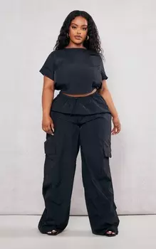 PrettyLittleThing Черные нейлоновые широкие брюки карго Plus