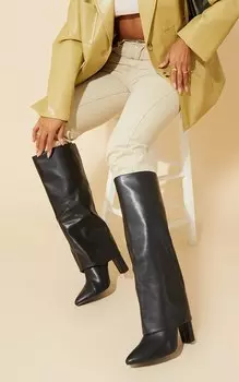 PrettyLittleThing Черные сапоги до колена из искусственной кожи с широкими застежками и складками на блочном каблуке
