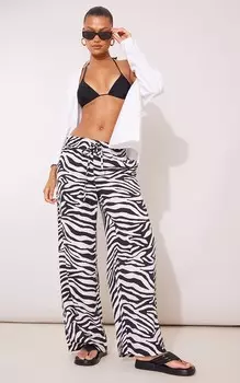 PrettyLittleThing Черные широкие брюки с широкими штанинами и завязками на талии с принтом зебры