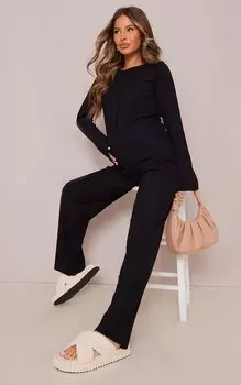 PrettyLittleThing Черные широкие брюки с высокой талией и ребристым швом для беременных