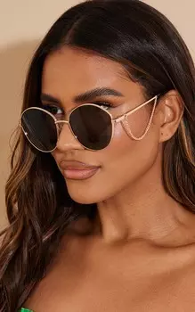 PrettyLittleThing Черные солнцезащитные очки в круглой оправе с подвеской-цепочкой