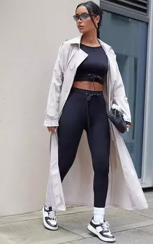 PrettyLittleThing Черные спортивные леггинсы с завышенной талией и завязками в рубчик