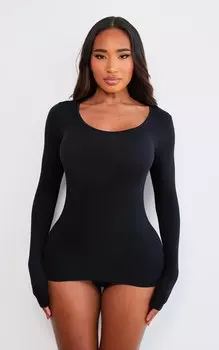 PrettyLittleThing Черный эластичный бесшовный удлиненный топ с длинными рукавами