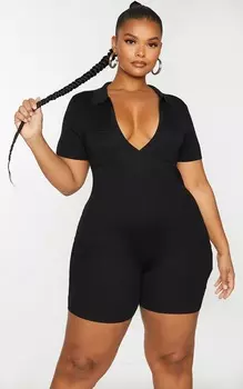 PrettyLittleThing Черный бесшовный комбинезон тонкой вязки с воротником и воротником-стойкой черного цвета