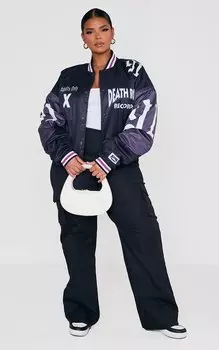 PrettyLittleThing Черный бомбер с графическим принтом Deathrow Records Plus
