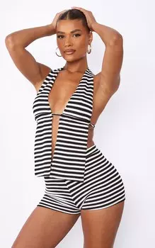 PrettyLittleThing Черный бюстгальтер без косточек с вырезом халтер в рубчик и текстурированной полоской