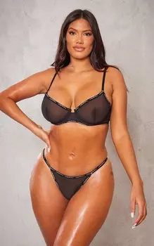 PrettyLittleThing Черный бюстгальтер на косточках из сетки с лентой, размер DD+