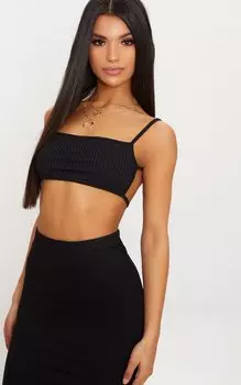 PrettyLittleThing Черный бюстгальтер в рубчик с бретелями сзади