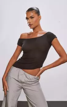 PrettyLittleThing Черный длинный топ из сетки Burnout с асимметричным воротником