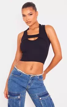 PrettyLittleThing Черный двухслойный топ с бретелькой на бретельках в контурную рубчику