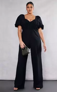 PrettyLittleThing Черный фактурный комбинезон Plus с пышными рукавами