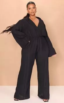 PrettyLittleThing Черный фактурный комбинезон с широкими штанинами Plus