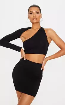 PrettyLittleThing Черный хлопковый асимметричный укороченный топ на одно плечо