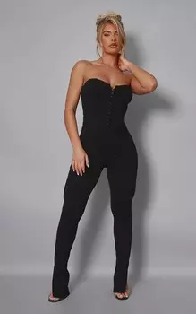 PrettyLittleThing Черный комбинезон-бандо с фактурным корсетом в рубчик и разрезом по низу