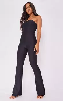 PrettyLittleThing Черный комбинезон-бандо в рубчик с разрезом по краю