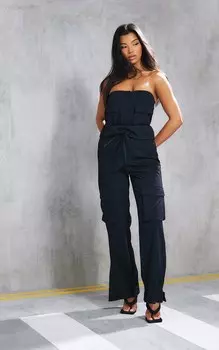 PrettyLittleThing Черный комбинезон-карго-бандо с карманами и оборкой на талии