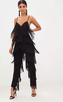 PrettyLittleThing Черный комбинезон с глубоким вырезом и кисточками