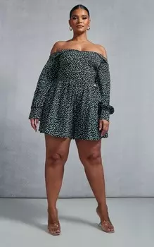 PrettyLittleThing Черный комбинезон с корсетом и косточками Plus Ditsy с цветочным принтом