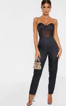 PrettyLittleThing Черный комбинезон с сетчатой вставкой-бандо и чашками