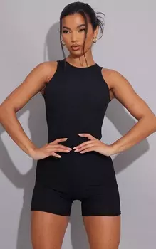 PrettyLittleThing Черный комбинезон с воротником-борцовкой в рубчик