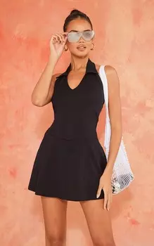 PrettyLittleThing Черный комбинезон-шорт без рукавов с воротником