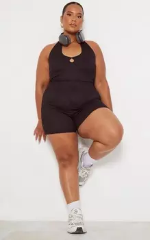 PrettyLittleThing Черный комбинезон в рубчик плюс с овальным вырезом