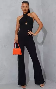 PrettyLittleThing Черный комбинезон в рубчик с перекрестным вырезом и завязкой на спине