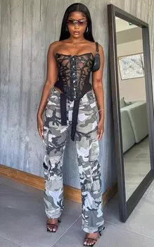 PrettyLittleThing Черный корсет с текстурированной сетчатой лентой на спине