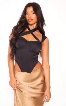 PrettyLittleThing Черный кованый атласный корсет с бретелькой на шее и костями