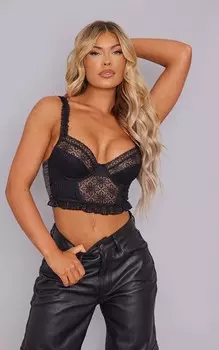 PrettyLittleThing Черный кружевной укороченный корсет на крючках и глазах