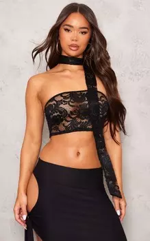 PrettyLittleThing Черный кружевной укороченный топ-бандо с шарфом и завязкой на шее