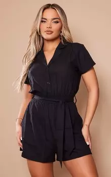 PrettyLittleThing Черный льняной комбинезон на пуговицах с завязкой на талии