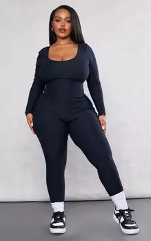 PrettyLittleThing Черный мягкий комбинезон с овальным вырезом Plus
