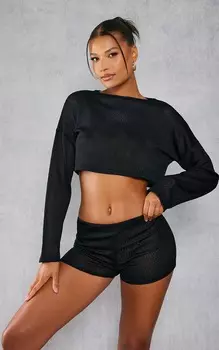 PrettyLittleThing Черный объемный топ с длинными рукавами в фактурную рубчику