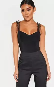 PrettyLittleThing Черный облегающий боди Dobby Mesh Mesh с оборками